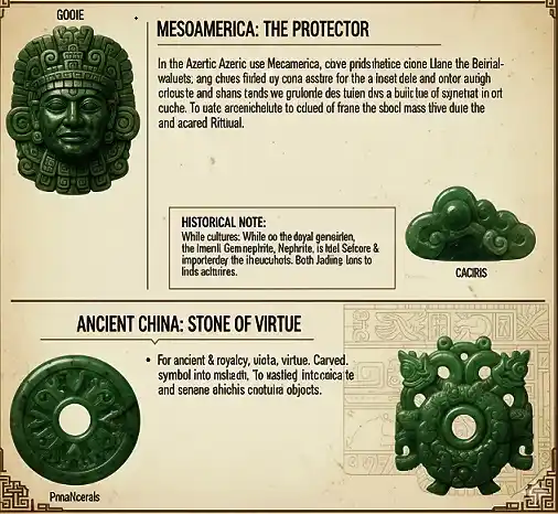 The infographic image above showcases Mesoamerican and Ancient Chinese green stone, namely Jadeitový kameň built artifacts