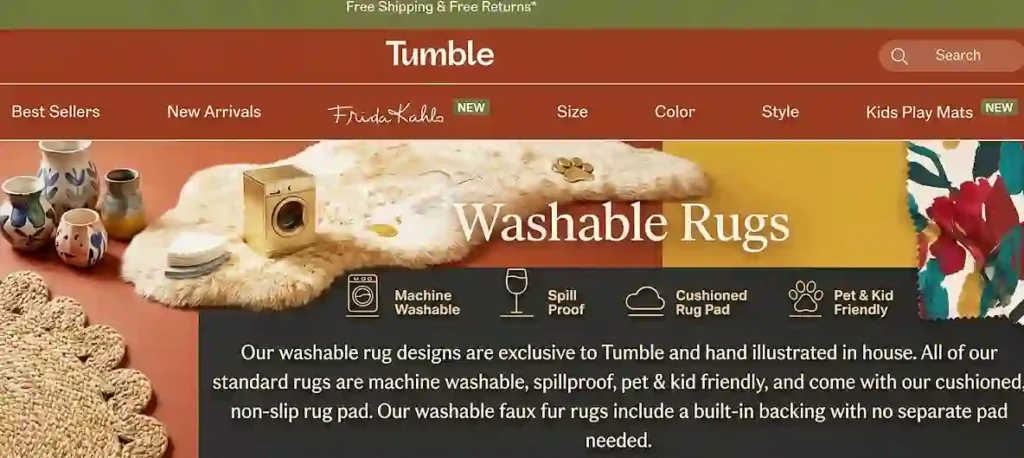 The image above shows the Tumble brand, which is designed to make kid-friendly and spill-proof rugs that are machine washable.