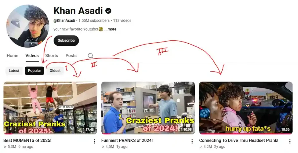 Top three ranked YouTube videos of Khan Asadi