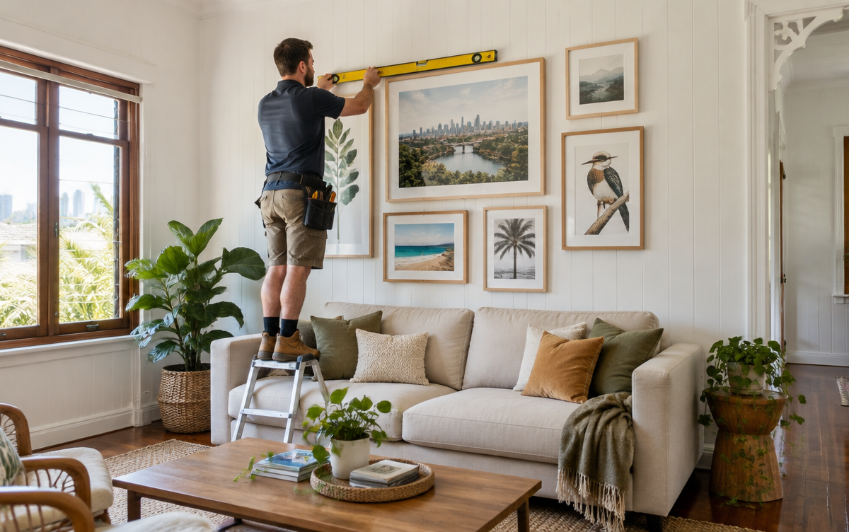 Installer checking a spirit level on a framed gallery wall in a bright Brisbane living room
