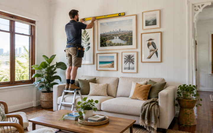 Installer checking a spirit level on a framed gallery wall in a bright Brisbane living room