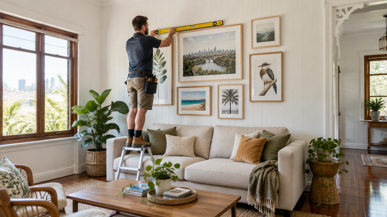 Installer checking a spirit level on a framed gallery wall in a bright Brisbane living room